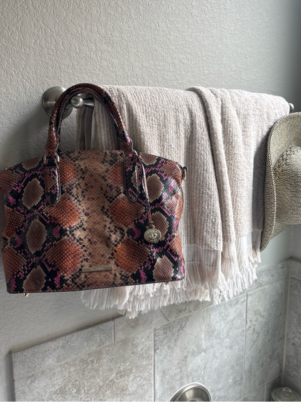 Snake-Print Dome Satchel Handbag in Brown & Pink
